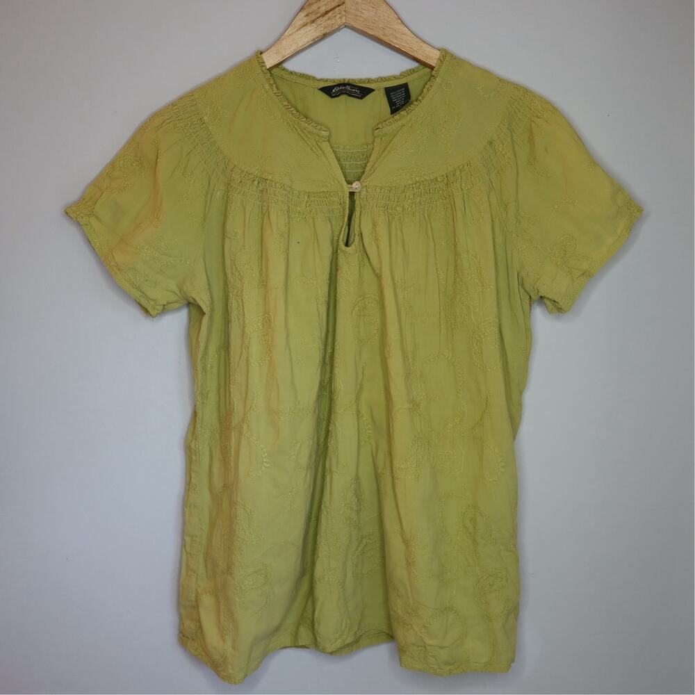 Eddie Bauer Green Embroidered Peasant Top Short Sleeve Boho Size L